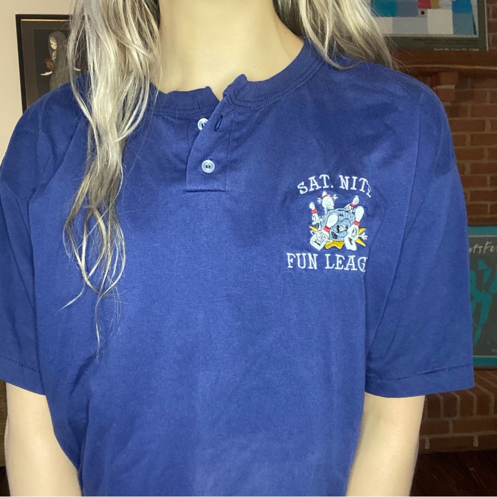 Vintage 90s Saturday Nite Fun League Henley Button Single Stitch Tee Bow…